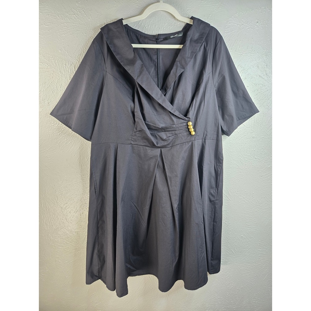 eShakti Faux Wrap Pocket Dress Plus Size 2X Black Gold Button Preppy Retro Goth
